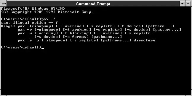 Windows NT 3.10 (build 528) command prompt running the pax command