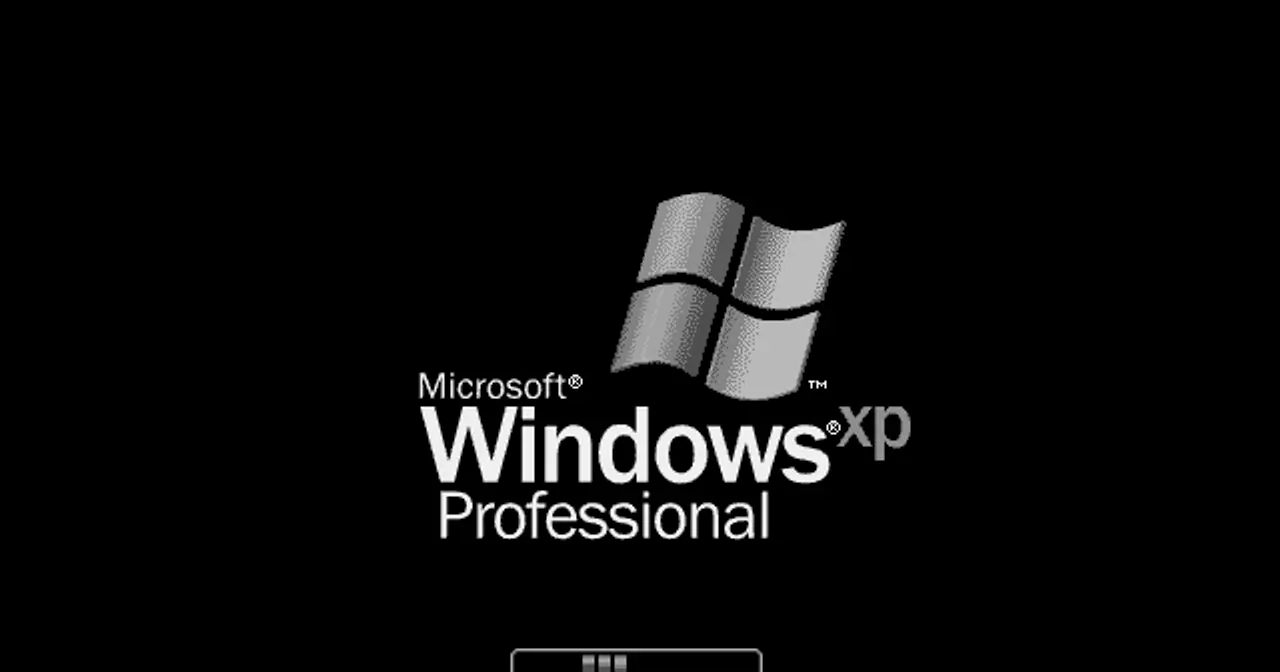 Pantalla de arranque de Windows XP Professional con el logo y la barra de progreso azul sobre fondo negro
